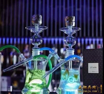 酒吧新宠带led遥控灯50厘米高双嘴全玻璃透明阿拉伯水烟壶!